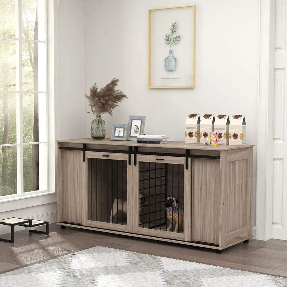 71 Walnut Double Door End Table Crate for Small Dogs or Large Dog with Removable Divider