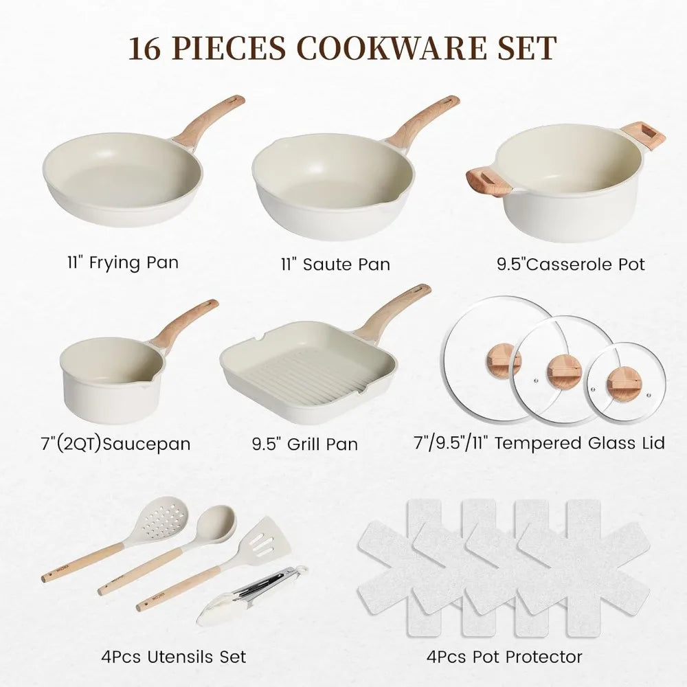 16Pcs Ceramic Nonstick Pots and Pans Set, Includes 9.5" Grill Pan, Induction Compatible, PTFE & PFOA Free, White Stackable Cookware for RV Camping