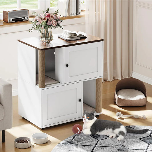 31.5'' Two Tiered Cat Litter Box Enclosure Double Litterbox Furniture With Scratch Posts & Litter Mats Wood Cat Washroom