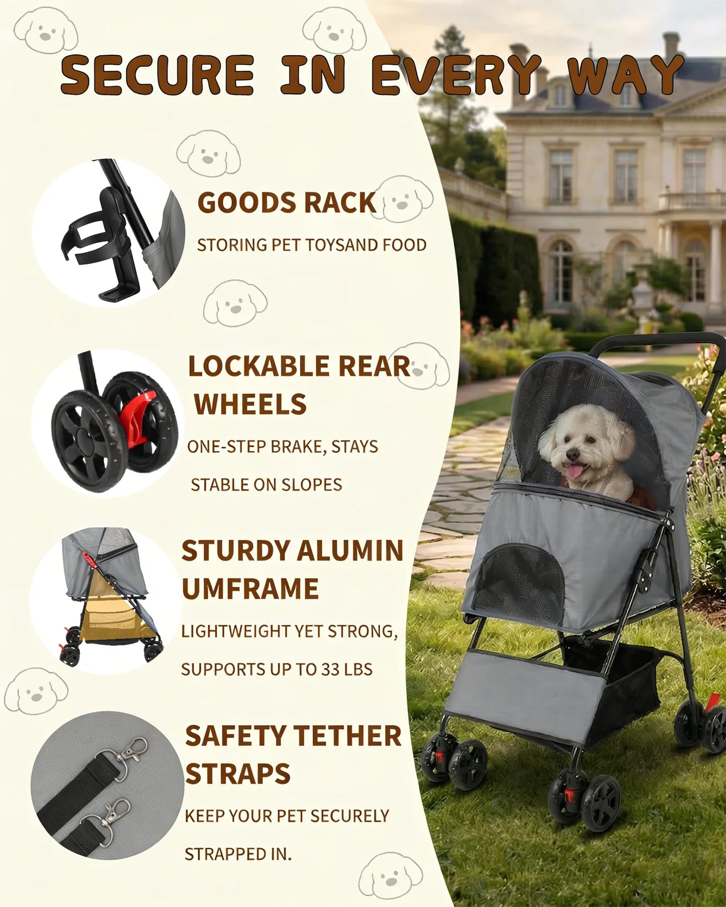 Foldable Pet Stroller Lightweight 4 Wheel Dog Stroller for Small Dogs Cats Portable Travel Pet Cart with Breathable Mesh