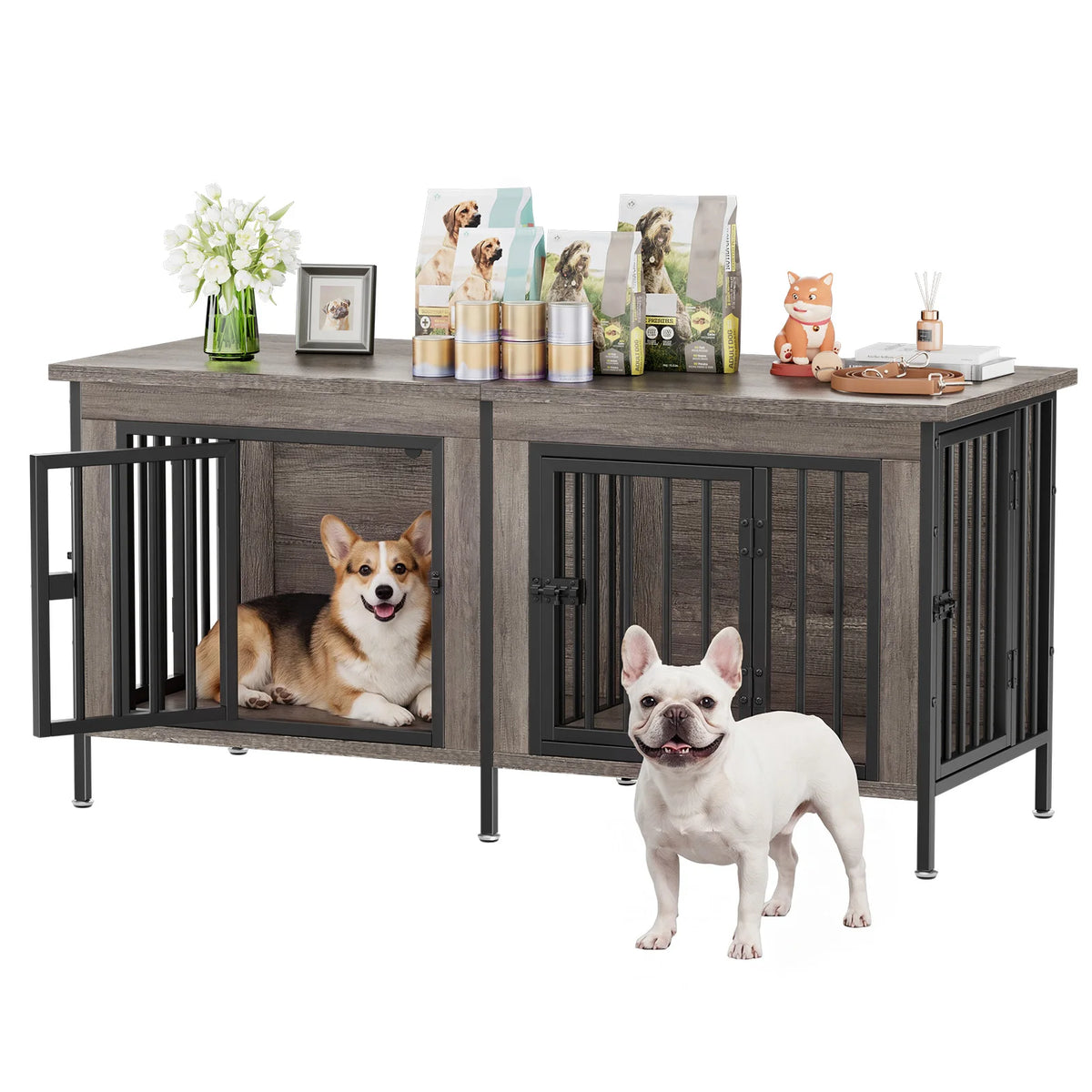 54-Inch Double Door Wooden Dog Cage with Divider Heavy-Duty Extra Large Pet Kennel for Indoor Outdoor Dog Kennel Furniture
