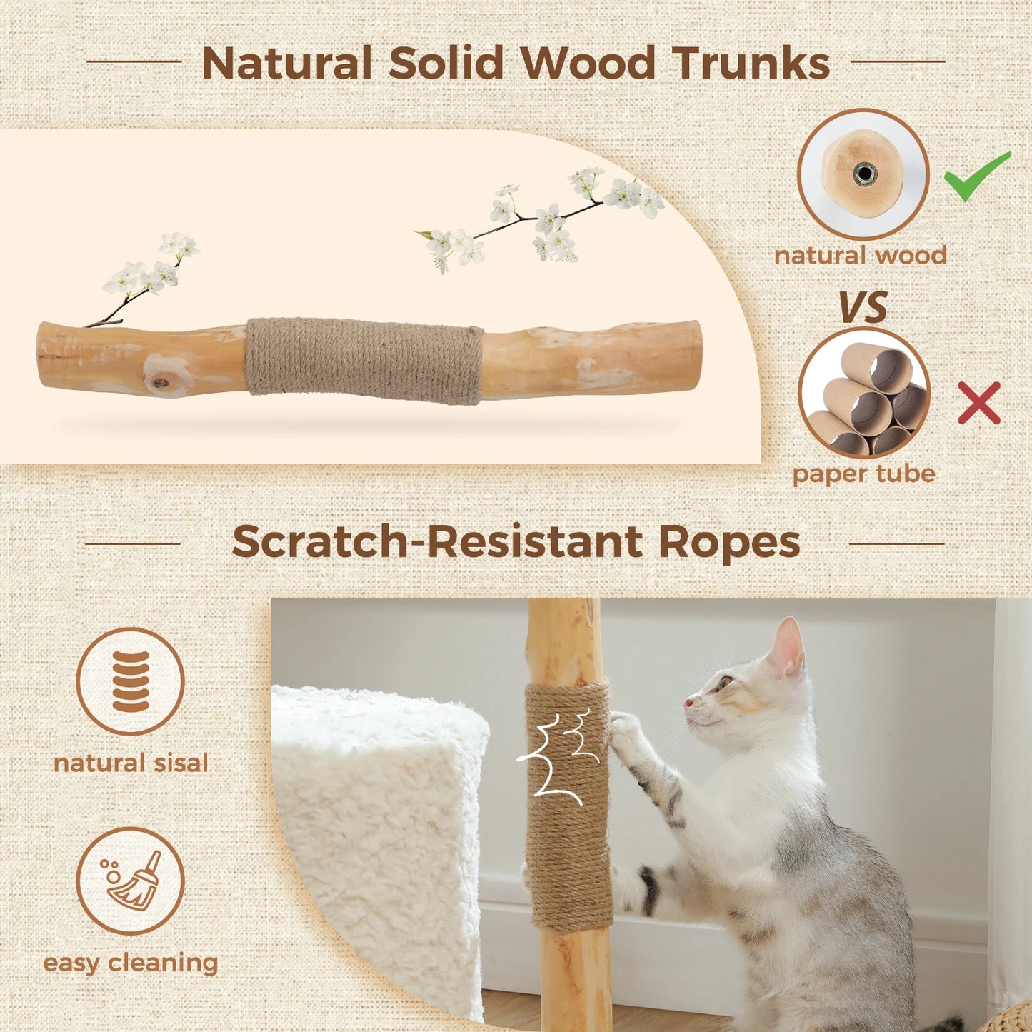 Functional Modern Cat Tree Tower with Large Woven Wicker Basket,Cozy Hammock,Natural Solid Wood Scratching Post, Cat Accessories