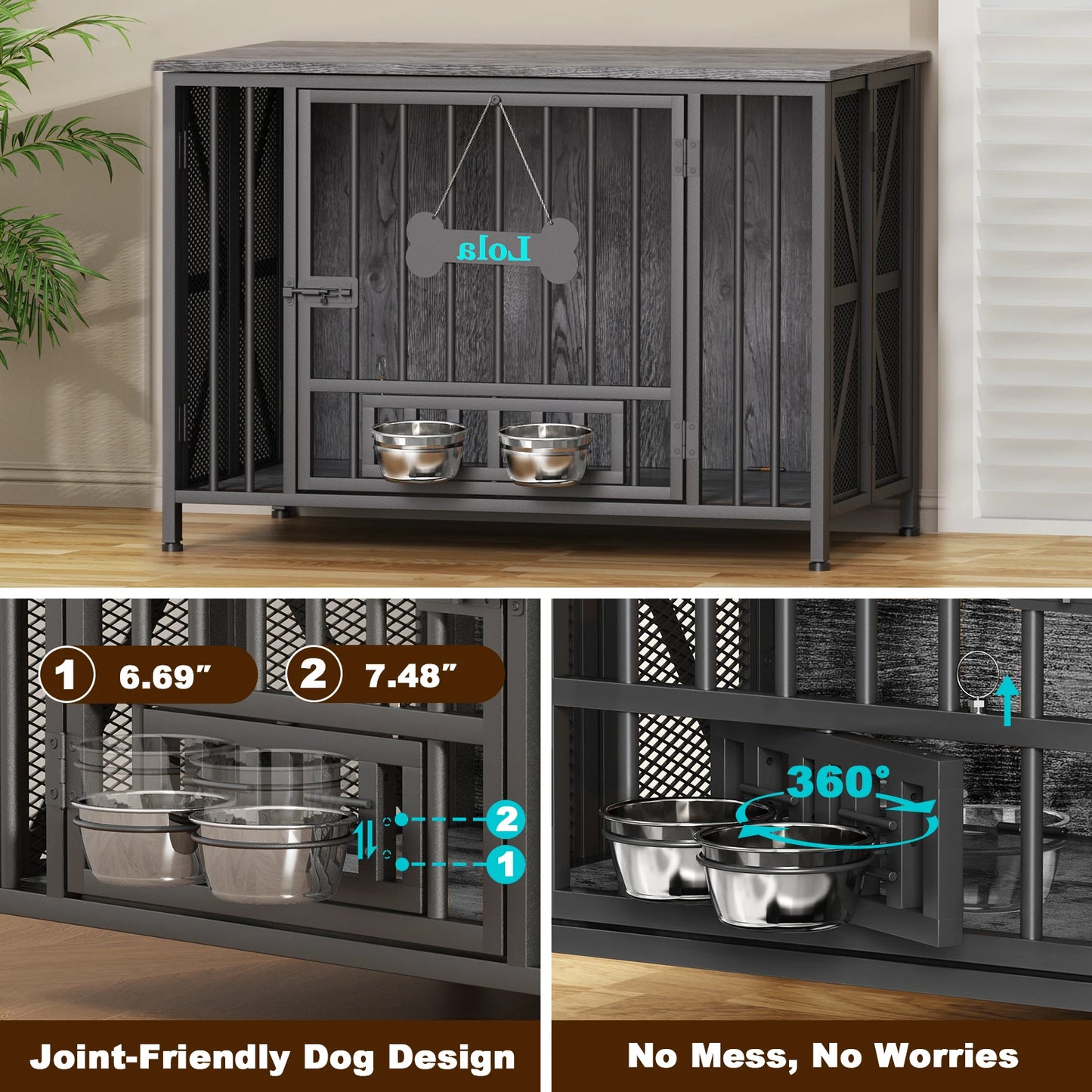 Foldable Large Dog Crate Furniture,31"/41.3"Assembly-Free Dog Crates for Large Dogs, Wooden Dog Kennel Indoor w/ Tag & Dog Bowls