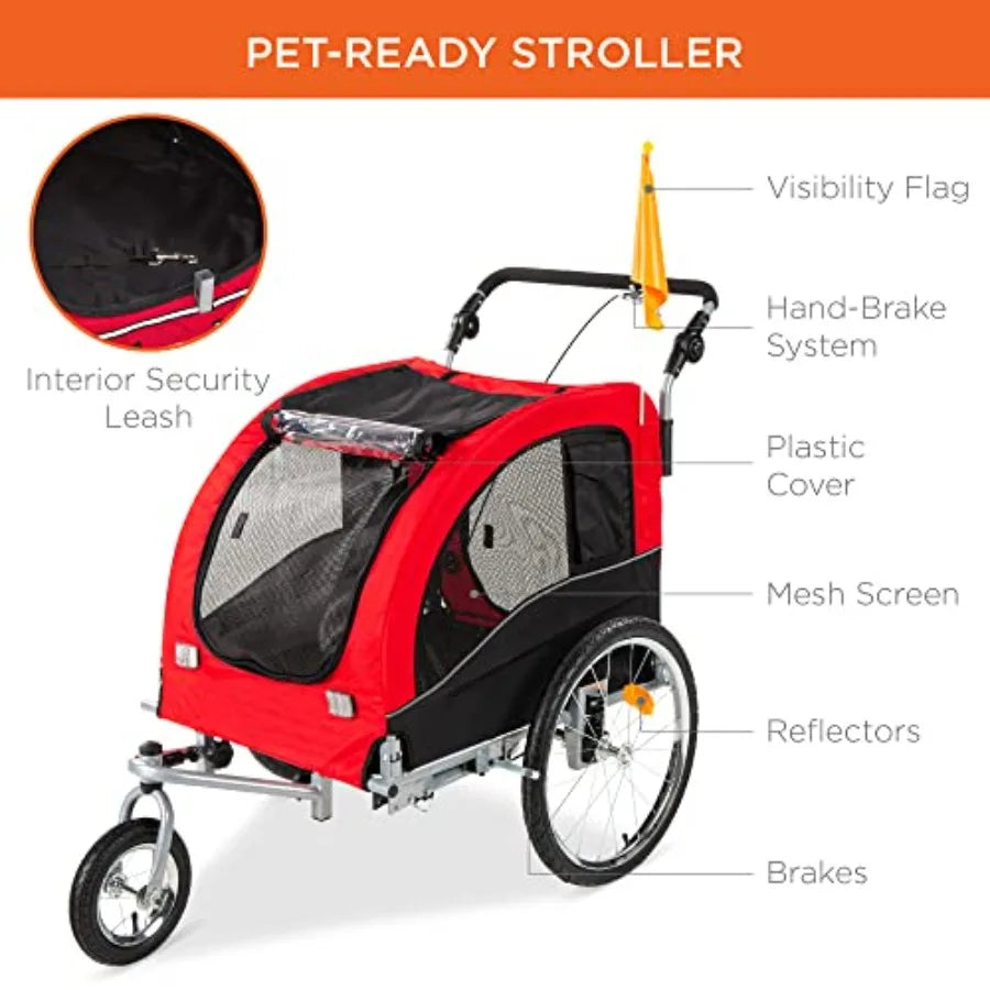 2-in-1 Dog Bike Trailer, Pet Stroller Bicycle Carrier w/Hitch, Suspension, Visibility Flag and Reflectors, 66lb Weight Capacity