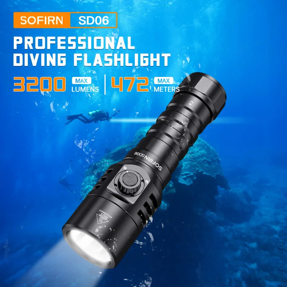 SD06 3200lm Diving Flashlight SFT70 LED Light Rechargeable Underwater Deep Scuba Torch Dive  Powerful 21700 Under 100M