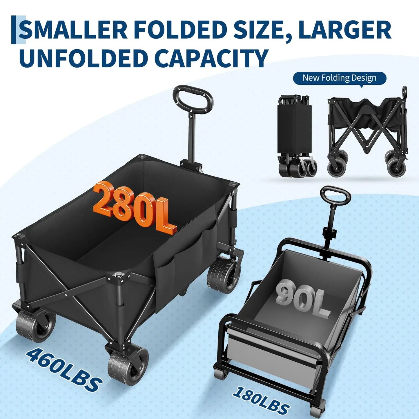 Heavy Duty Foldable Wagon Cart 460 lbs 280L With Wide All-Terrain Wheels, Brakes, Cover & Strap For Shopping Camping