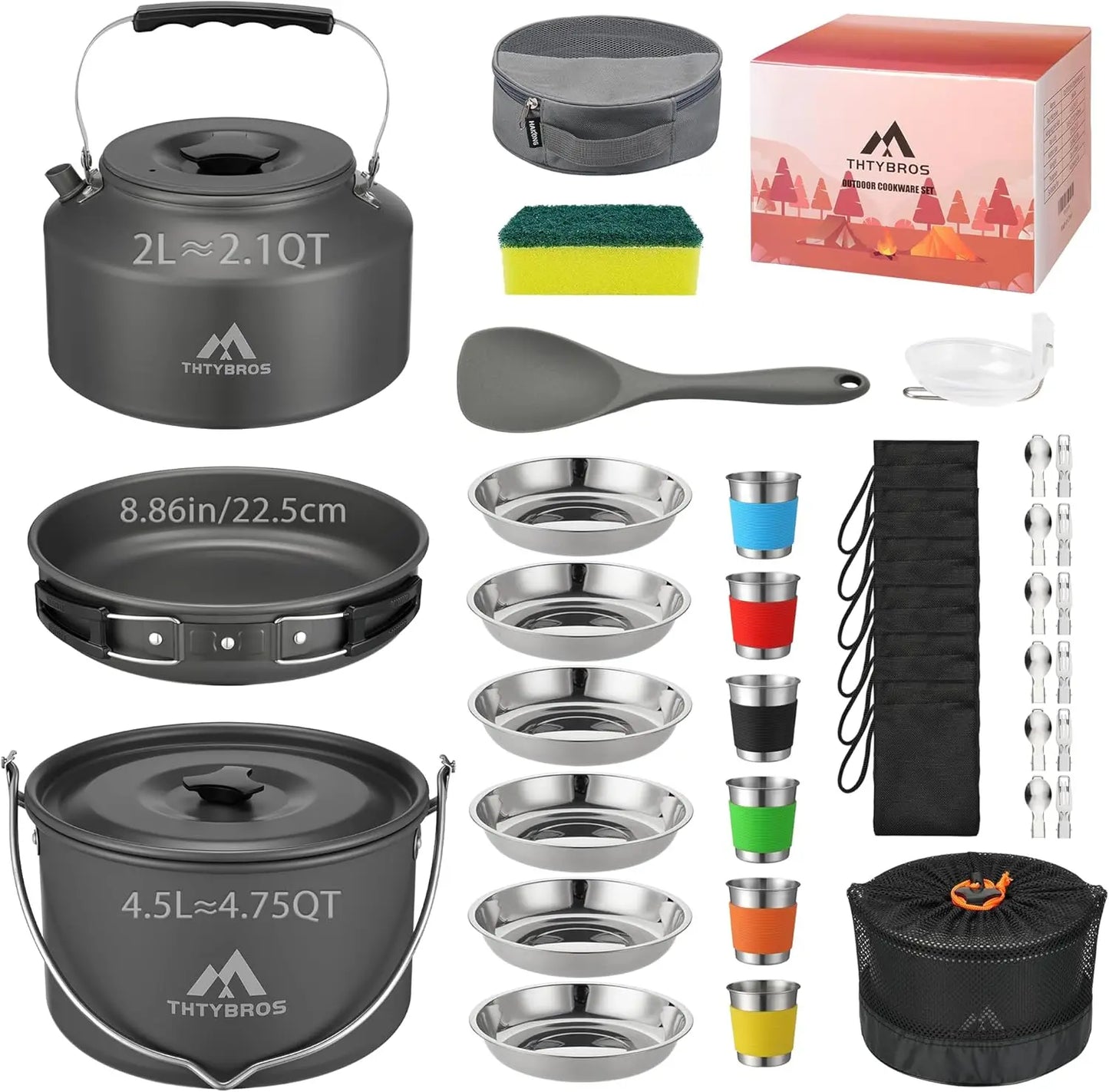 27pcs Camping Cooking Set for 2-4 People, Portable Cookware Set with Kettle, Pots & Pans, Stainless Steel Utensils, Plates, Dish, Cup