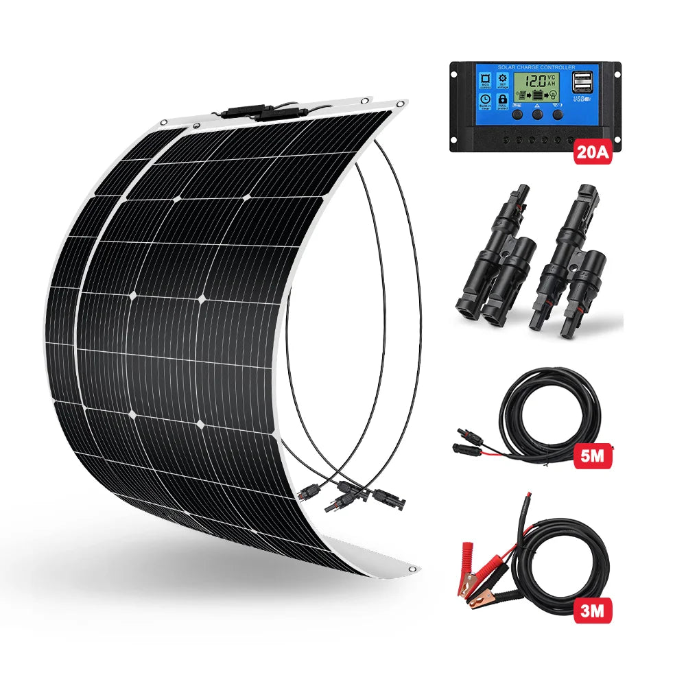 100W Set 200W Set 400W Set 18V Flexible Solar Panel Waterproof Monocrystalline Camping  12V Battery Charging