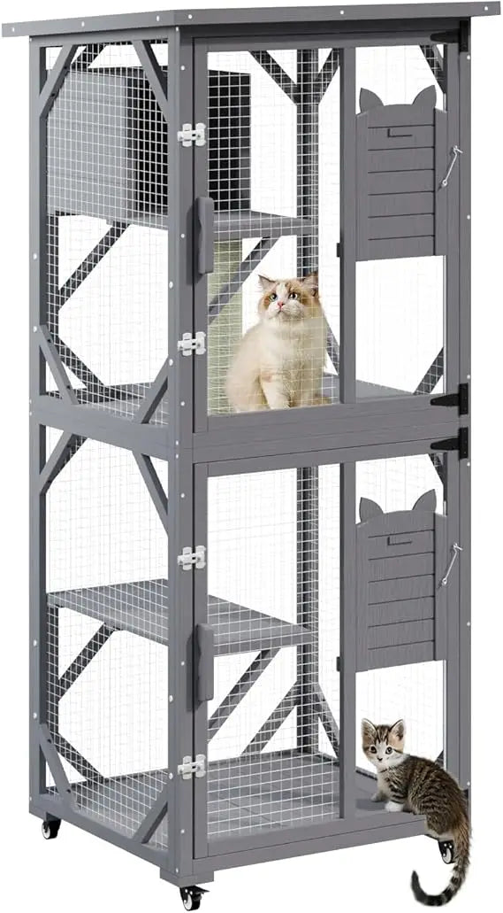 71 Cat House Outdoor Catio Cat Enclosures on Wheels, Large Outside Patio Wooden Cat Cage Resting Box, Scratching Post