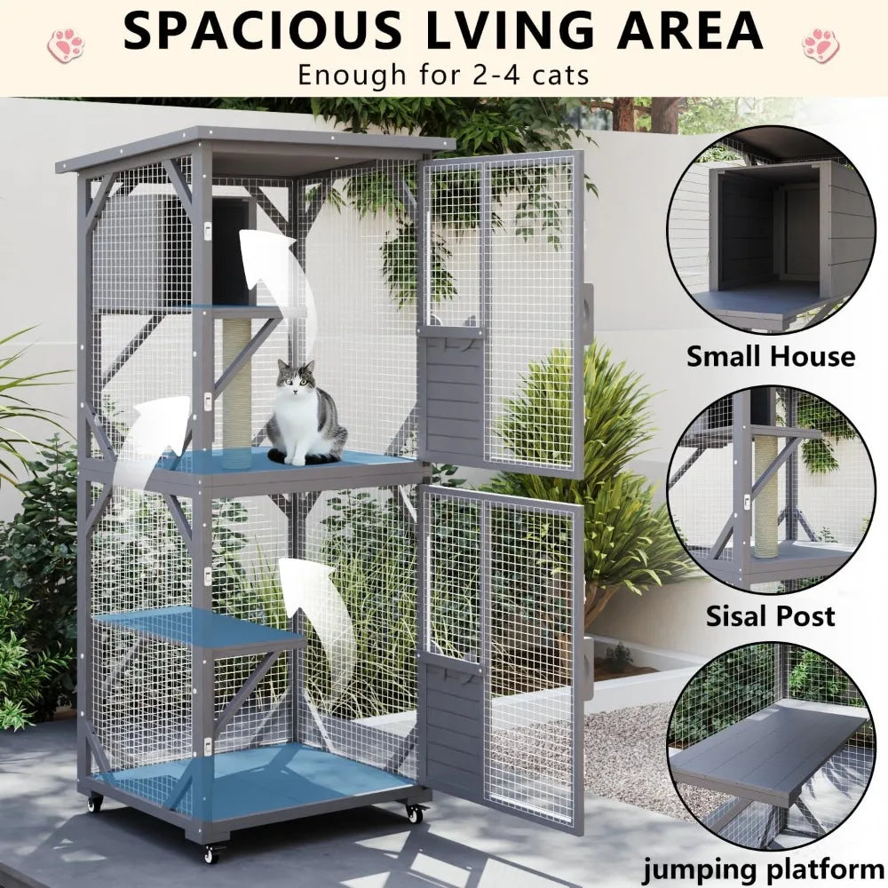 71 Cat House Outdoor Catio Cat Enclosures on Wheels, Large Outside Patio Wooden Cat Cage Resting Box, Scratching Post