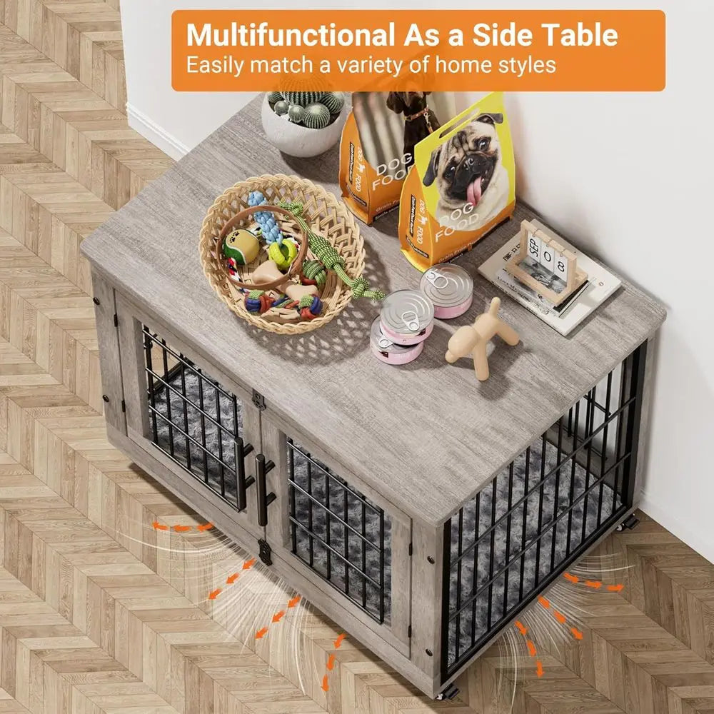 Dog Crate Furniture or Medium Dogs, 32'' Dog Kennel Indoor with Cushion & Wheels Wooden Dog Cage Double Door Dog Crate End Table