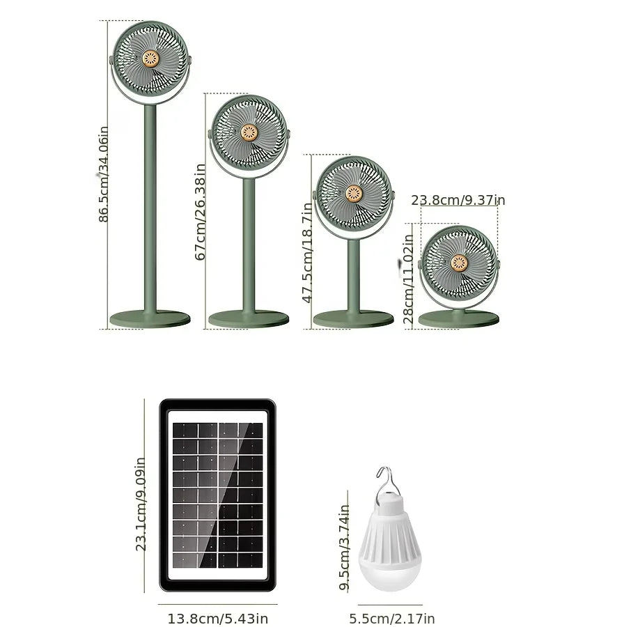 Portable Solar Fan, Multifunctional Camping Fan, Solar Panel or USB Rechargeable Fan, 5 Wind Speeds, 4 Adjustable Heights Floor Fan/Table Fan, Can Charge Mobile, Suitable for Indoor and Outdoor Activities and Emergencies.