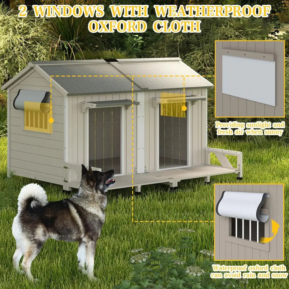 59.4 L Large Dog House Outdoor Amp Indoor, Fir Wood Dog Kennel with Weatherproof Openable Asphalt Roof, Spacious Doghouse with Another Room