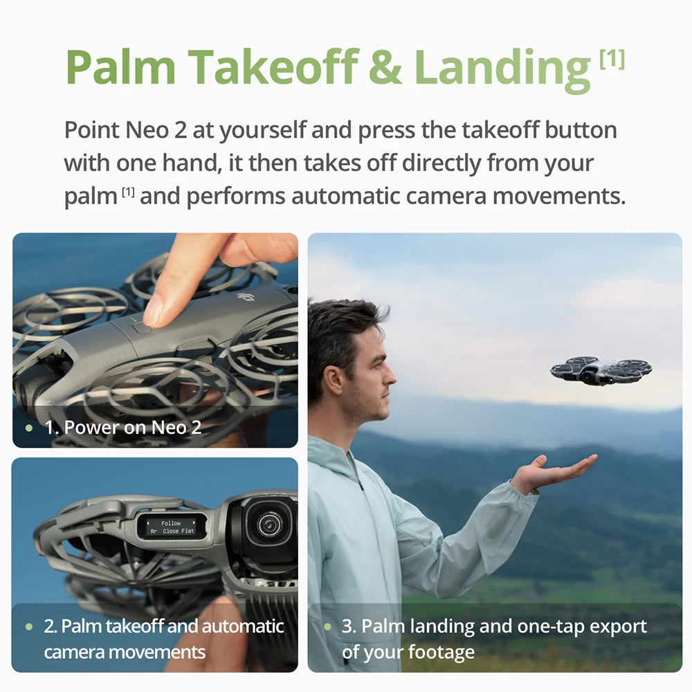 Neo 2 4K Drones With Camera Palm Takeoff & Landing Gesture Control Smooth Reliable Tracking 12 m/s Faster Tracking Speed Lightweight Foldable Mini Drone All-Around Safety & Flexible Flight With 3 Batteries