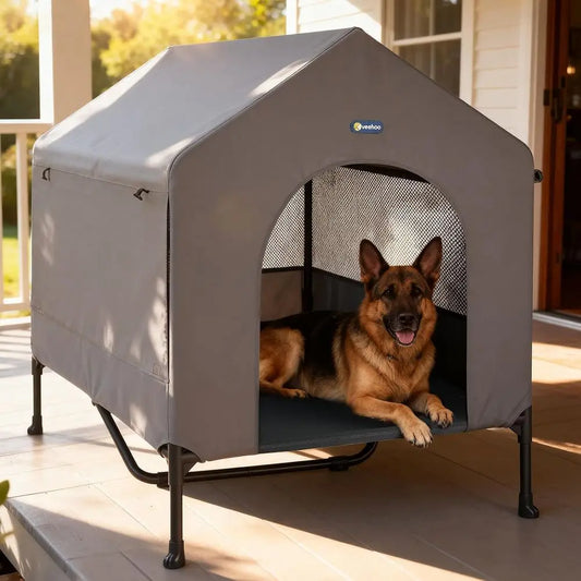 47" Dog House, 2-in-1 X-Large Dog House Outdoor Indoor Weatherproof, Outside Elevated Dog Cot Bed Dog Tent Shade, Three-Sided