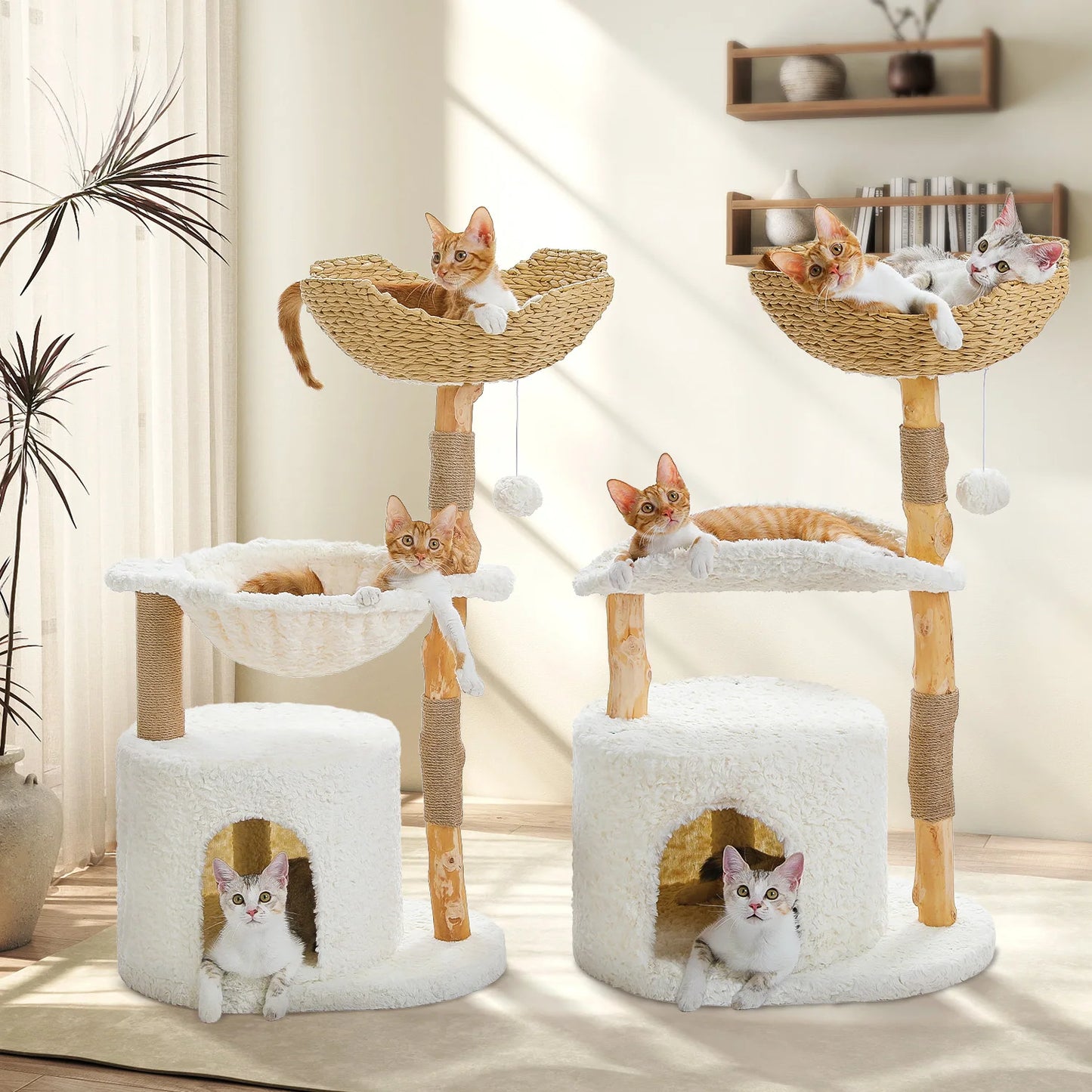 Functional Modern Cat Tree Tower with Large Woven Wicker Basket,Cozy Hammock,Natural Solid Wood Scratching Post, Cat Accessories