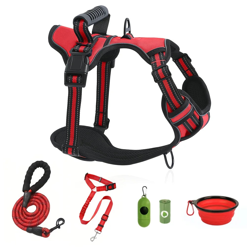 6 in 1 No-Pull Dog Harness And Leash Set Adjustable Reflective No-Choke Pet Oxford Vest with 2 Leash Clips And Easy Control Handl