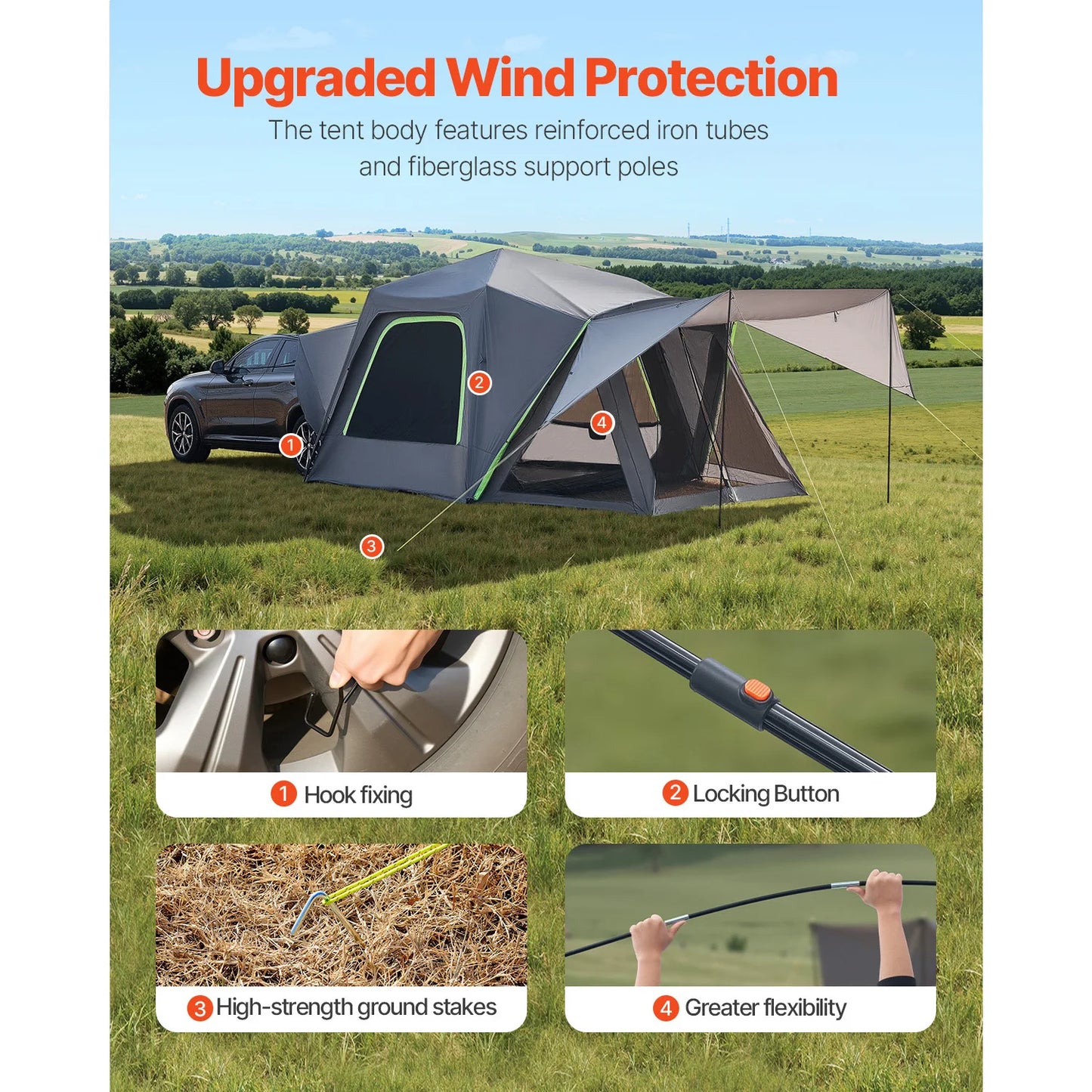 SUV Tent for Camping Waterproof PU2000mm Spacious Double Layer Design SUV Camping Tent with Shade Awning, Mesh Windows