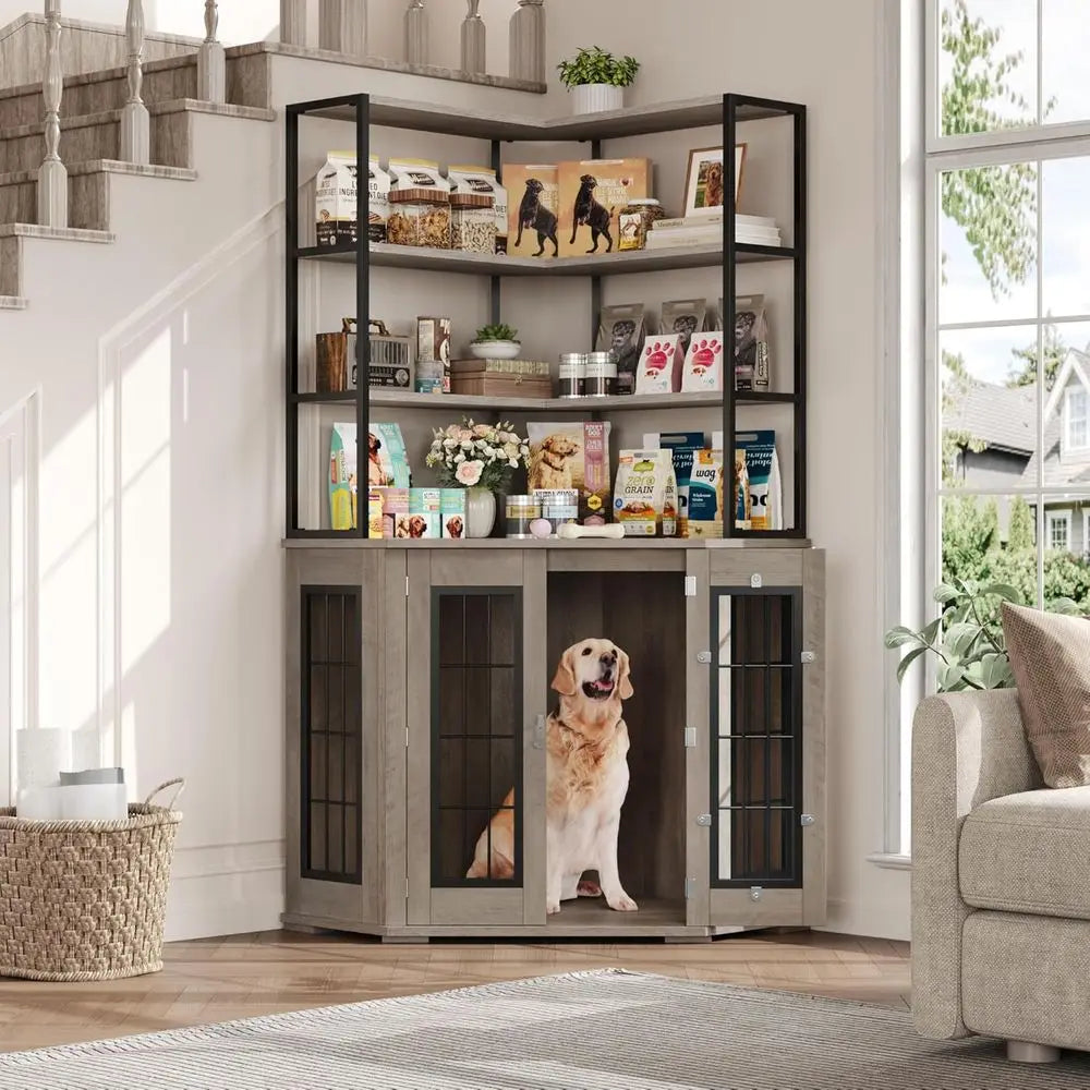 Stylish Indoor Dog Crate with Storage, Double Locks, 4-Tier Shelves for Medium to Large Dogs
