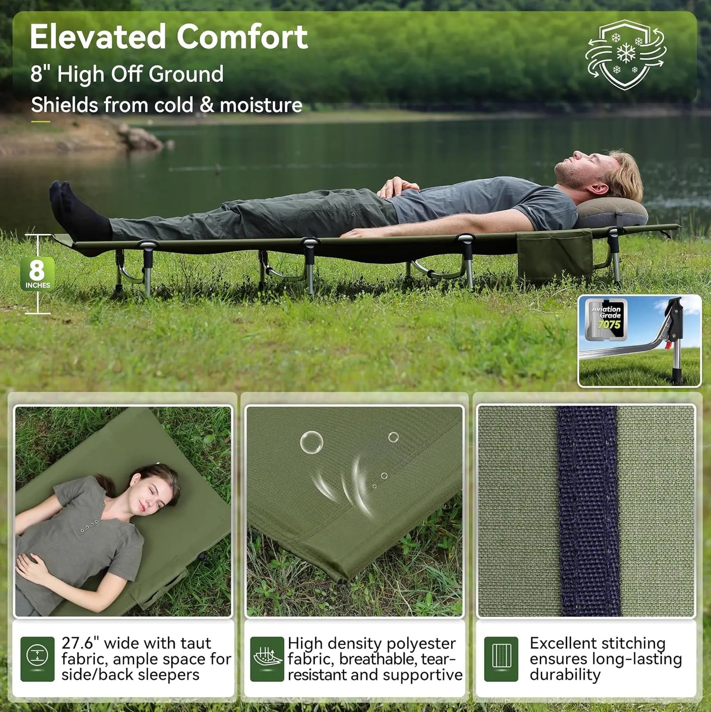 Lightweight Folding Camping Cot Bed with Lever Lock, Easy Setup Portable for Outdoor Travel, Hunting, Hiking, Motorcycling, Support 330 Lbs
