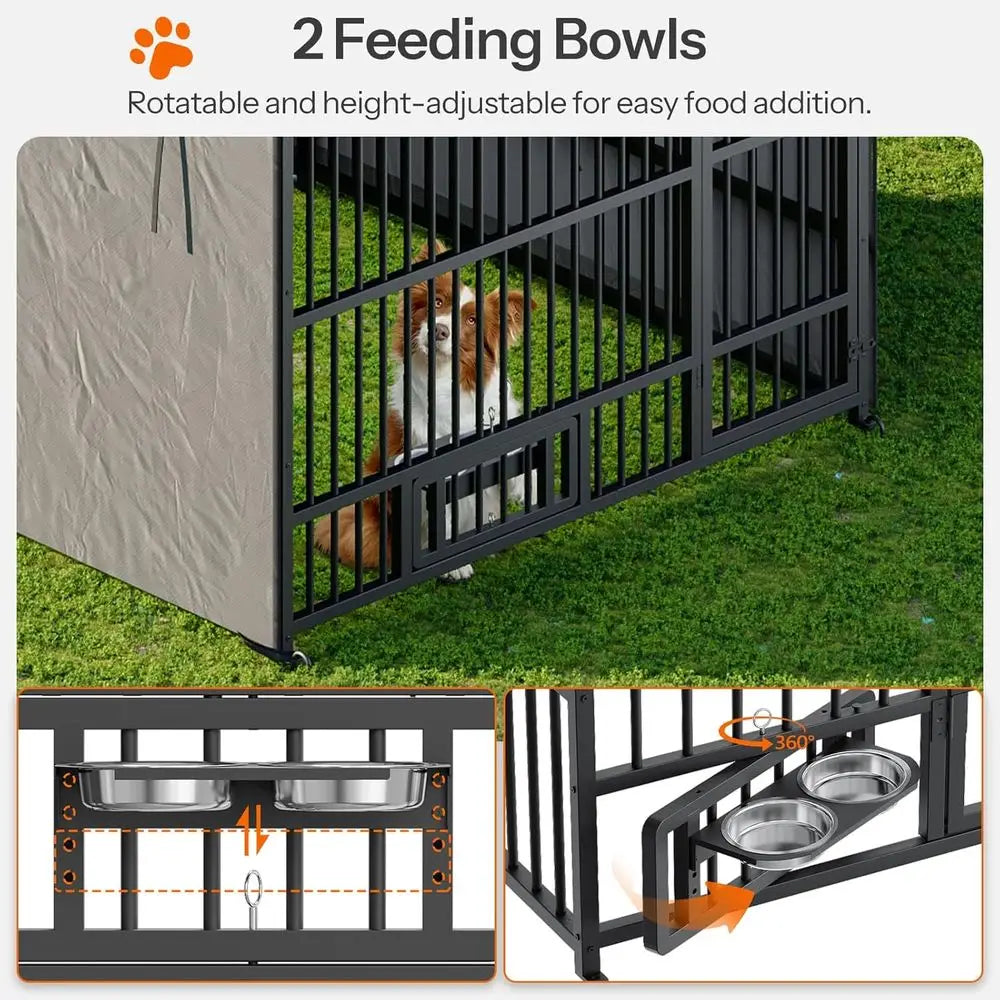 Durable Outdoor Dog Kennel with Waterproof Cover and Rotating Feeding Bowls for Medium to Large Dogs