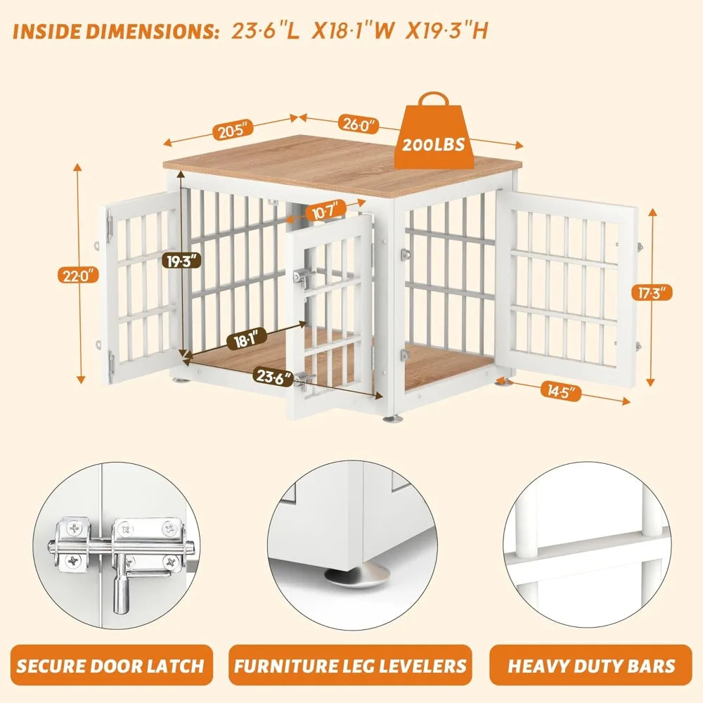Sturdy 26 Dog Crate as Furniture for Small Breeds, Ornamental Wooden Pet House, Indoor Kennel Table in White