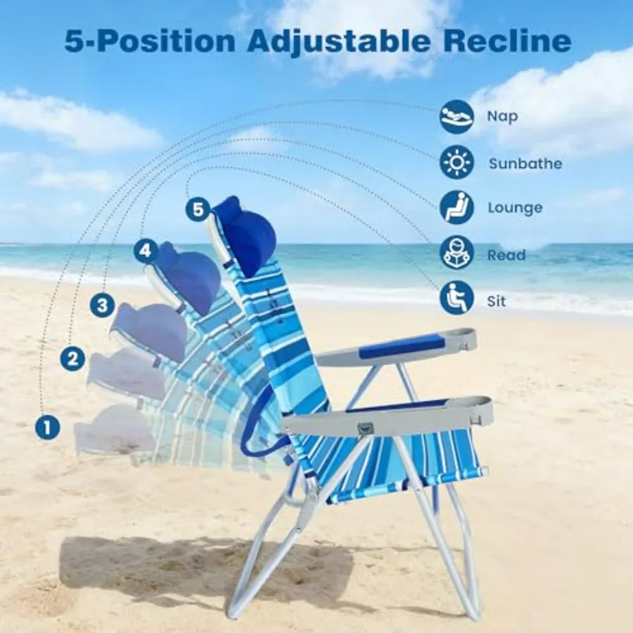 Outdoor Folding Beach Chair for Adults: Lightweight Aluminum Frame, Black Color, Supports 500 LBS With Cup Holders and High Back