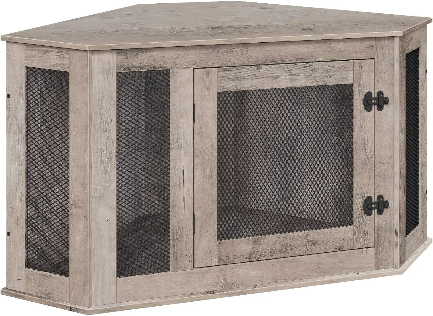 Corner Dog Crate Furniture, Wooden Kennel End Table, Decorative Pet Crate for Small Medium Dogs, TV Stand, Greige and Black
