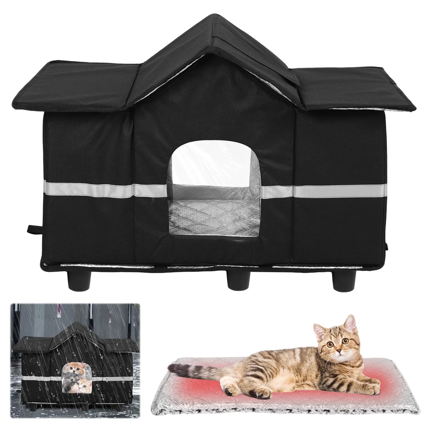 Waterproof Outdoor Elevated Pet House & Roof Window Insulated Cat Shelter Feral Cat House for Stray/Barn Cats with Cozy Cushion