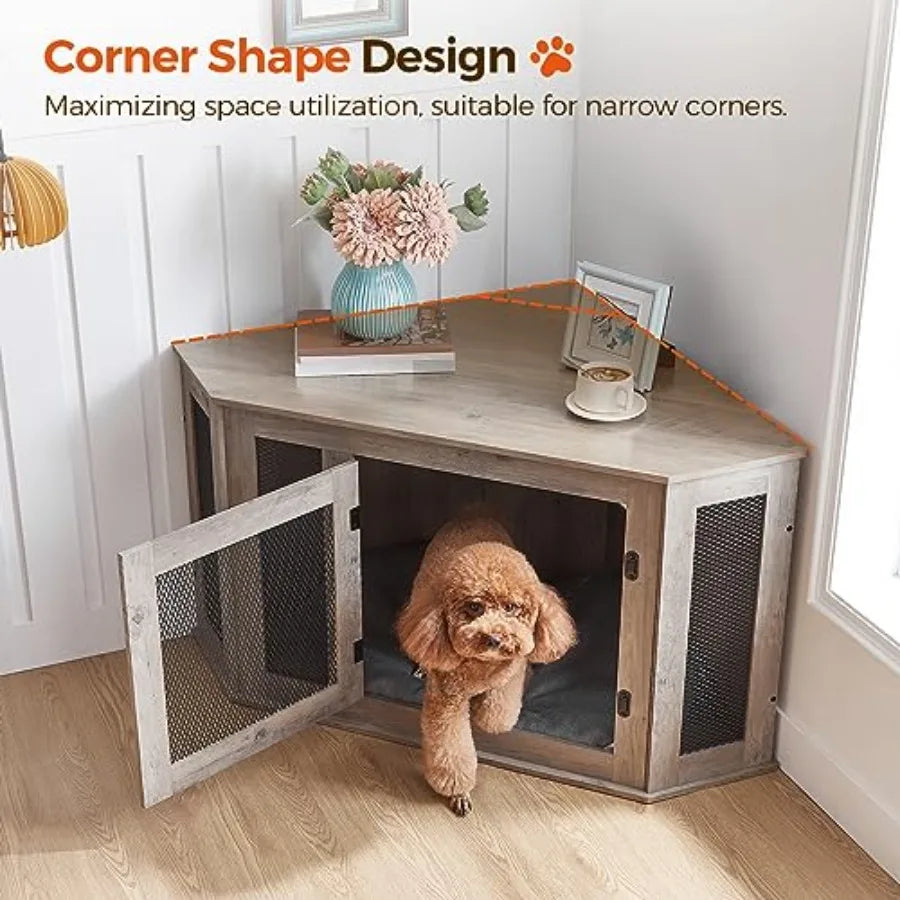 Corner Dog Crate Furniture, Wooden Dog Kennel End Table, Decorative Pet Crate Indoor Use, Furniture Style Dog House for Small to Medium Dog