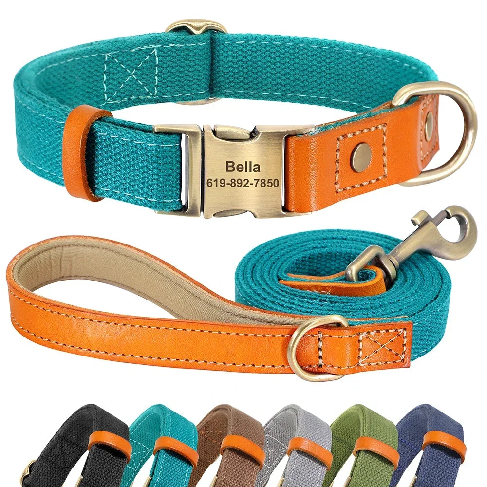 Nylon Custom Dog Puppy Collar Leash Set Personalized Genuine Leather Pet Nameplate ID Tag Accessories Collars Pet Products