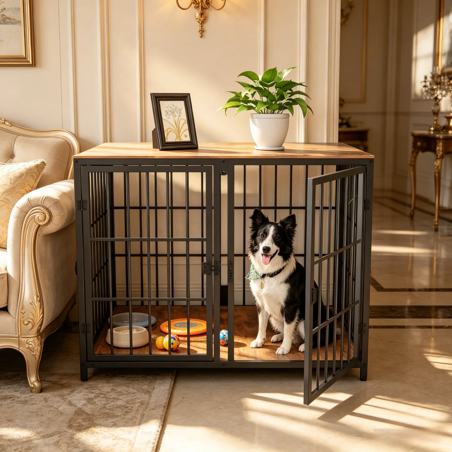 XXXL Wooden Dog Crate End Table Furniture Style Pet Kennel Cage w/ Four Doors and Lock Latches Divider for Medium to Large Dogs