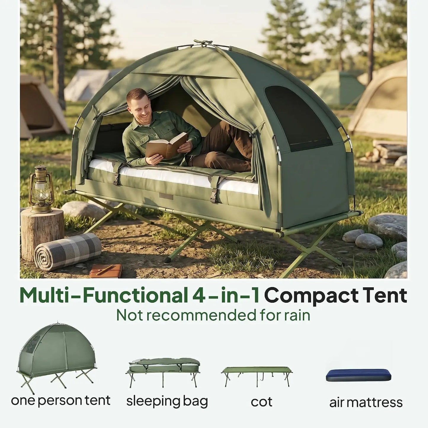 6-in-1 Folding Camping Cot Tent with Air Mattress, Sleeping Bag, Pillow, Bed Cover & Carry Bag for Outdoor Hiking, Backpacking, Picnic