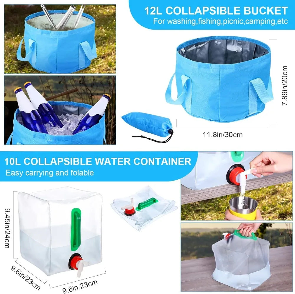 42 Pcs Camping Cookware Mess Kit, Non Stick Lightweight Pots Pan Kettle, Collapsible Water Container and Bucket, Stainless Steel Cups Plates Forks Knives Spoons for Outdoor Backpacking Picnic
