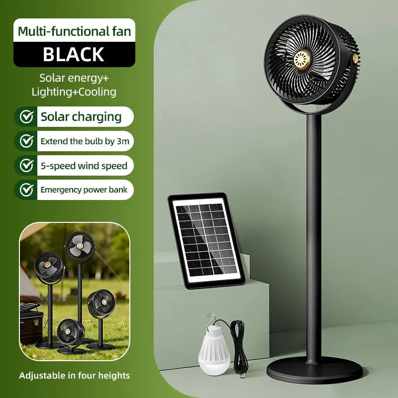 Portable Solar Fan, Multifunctional Camping Fan, Solar Panel or USB Rechargeable Fan, 5 Wind Speeds, 4 Adjustable Heights Floor Fan/Table Fan, Can Charge Mobile, Suitable for Indoor and Outdoor Activities and Emergencies.