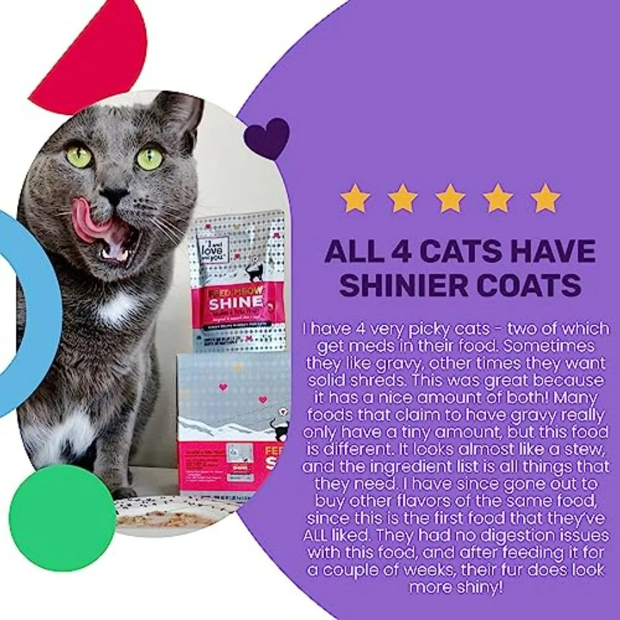 Feed Meow Shine Wet Cat Food - Salmon + Tuna - Coat and Skin Support, Grain Free, Shreeded, No Fillers, 3oz Pack of 12