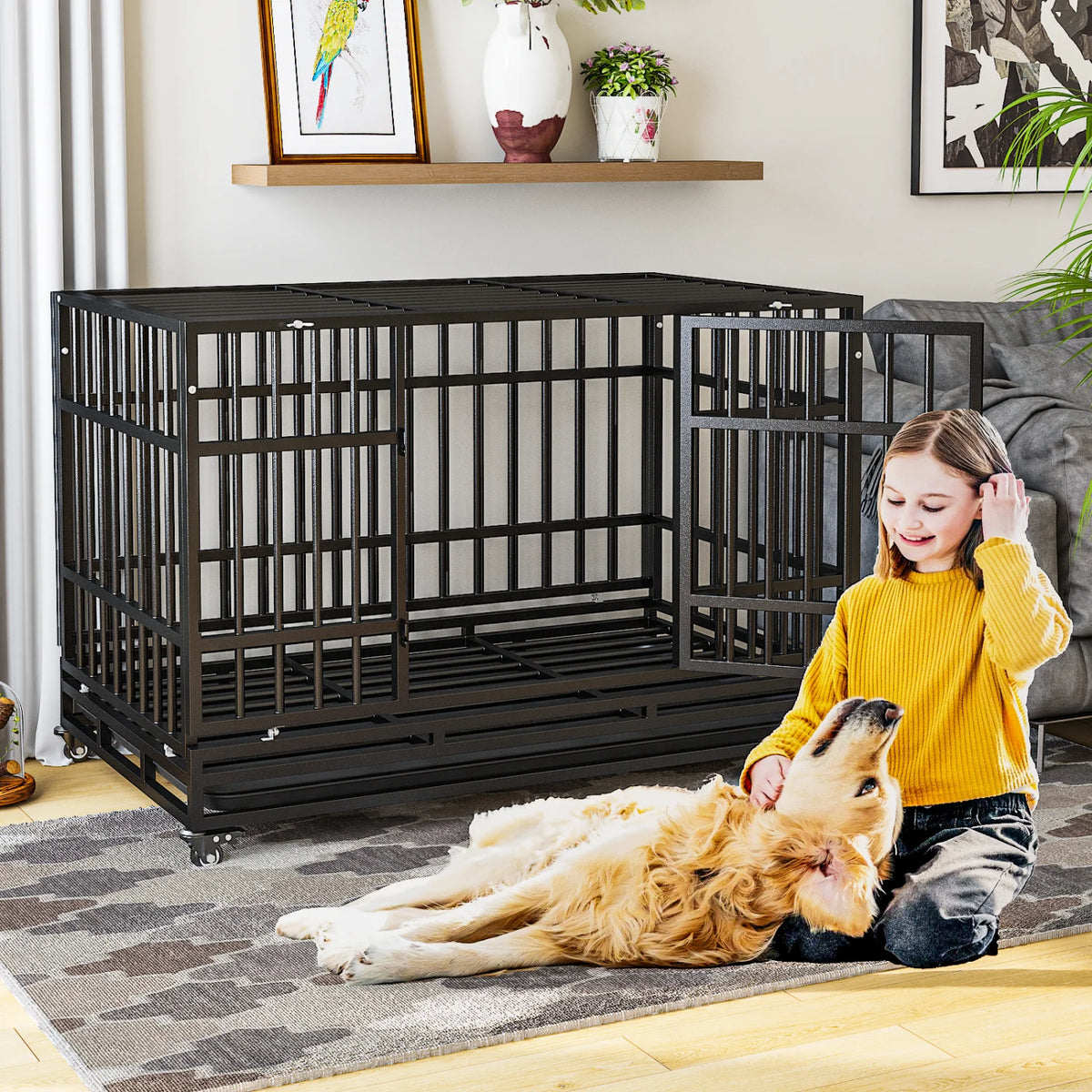 48" Heavy-Duty Dog Crate, Escape-Proof Steel Cage for High Anxiety Dogs with Double Doors, Lockable Wheels & Removable Tray, Indoor Outdoor