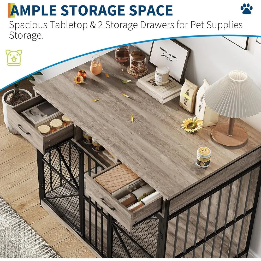 Sturdy Large Dog Crate Table with 2 Drawers and Open Compartment, Multifunctional Pet Furniture for Home Use