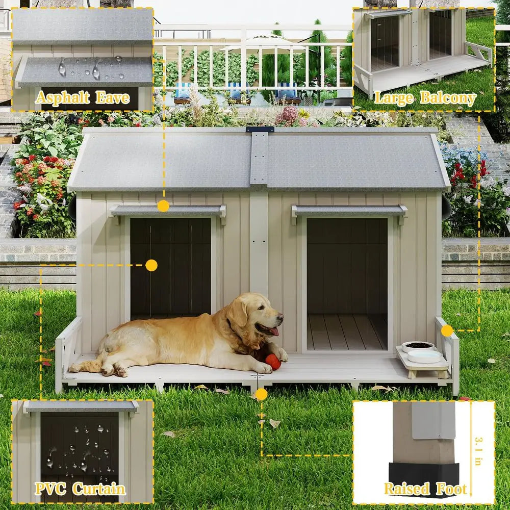 59.4 L Large Dog House Outdoor Amp Indoor, Fir Wood Dog Kennel with Weatherproof Openable Asphalt Roof, Spacious Doghouse with Another Room