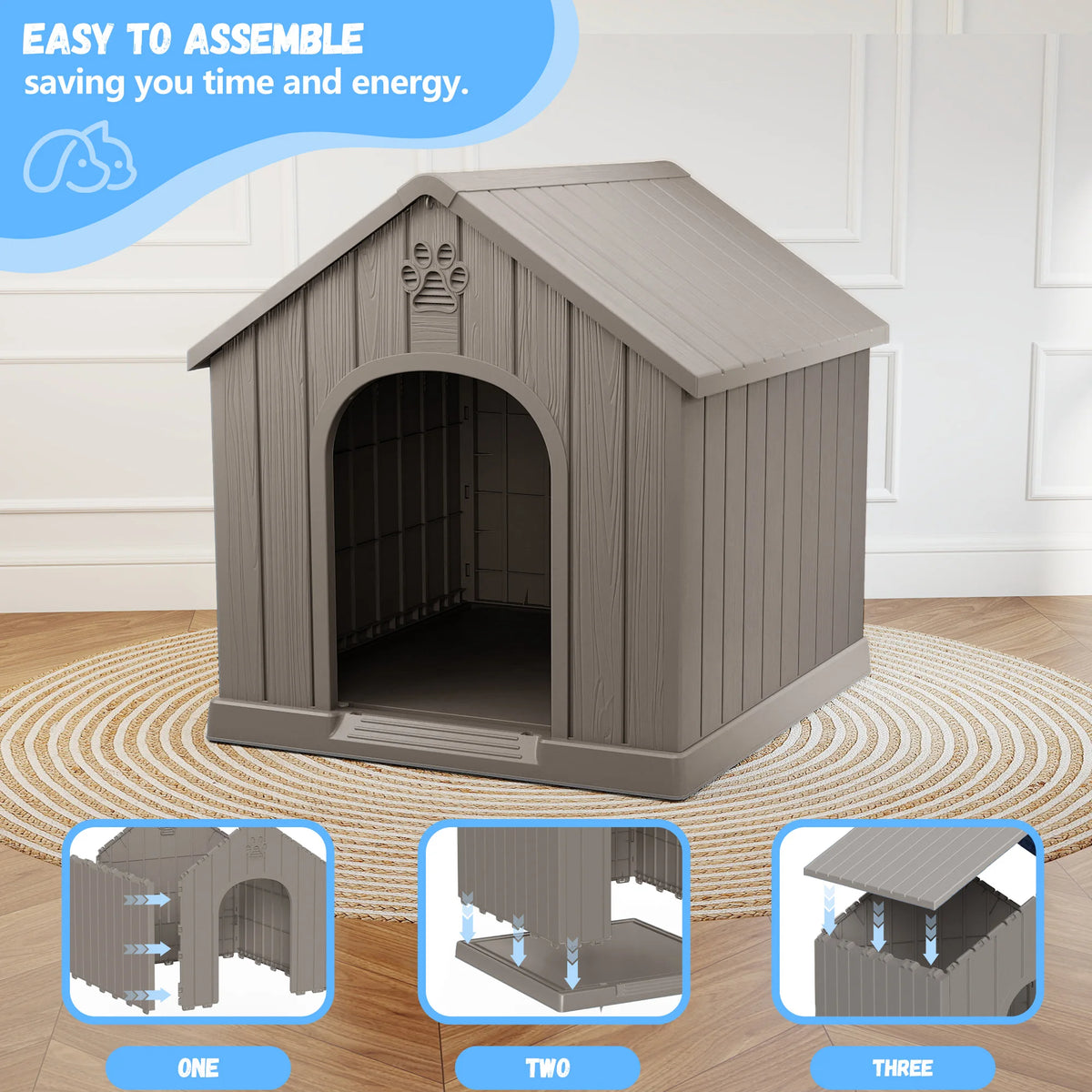 Outdoor Weather‑Resistant Plastic Dog House, Waterproof Ventilated Dog Kennel with Decorative Door Pattern for Backyard Garden Patio
