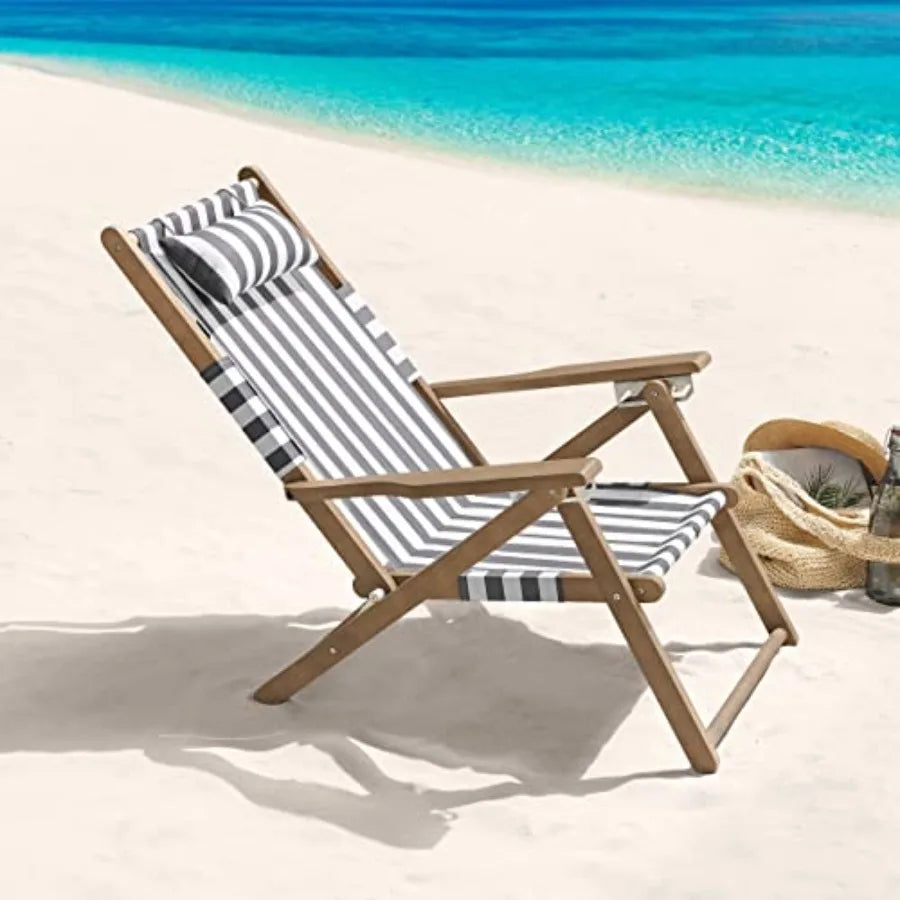 Beach Chair - Outdoor Weather-Resistant Wood Folding Chair With Backpack Straps - 4-Position Reclining Seat - Beach Essentials