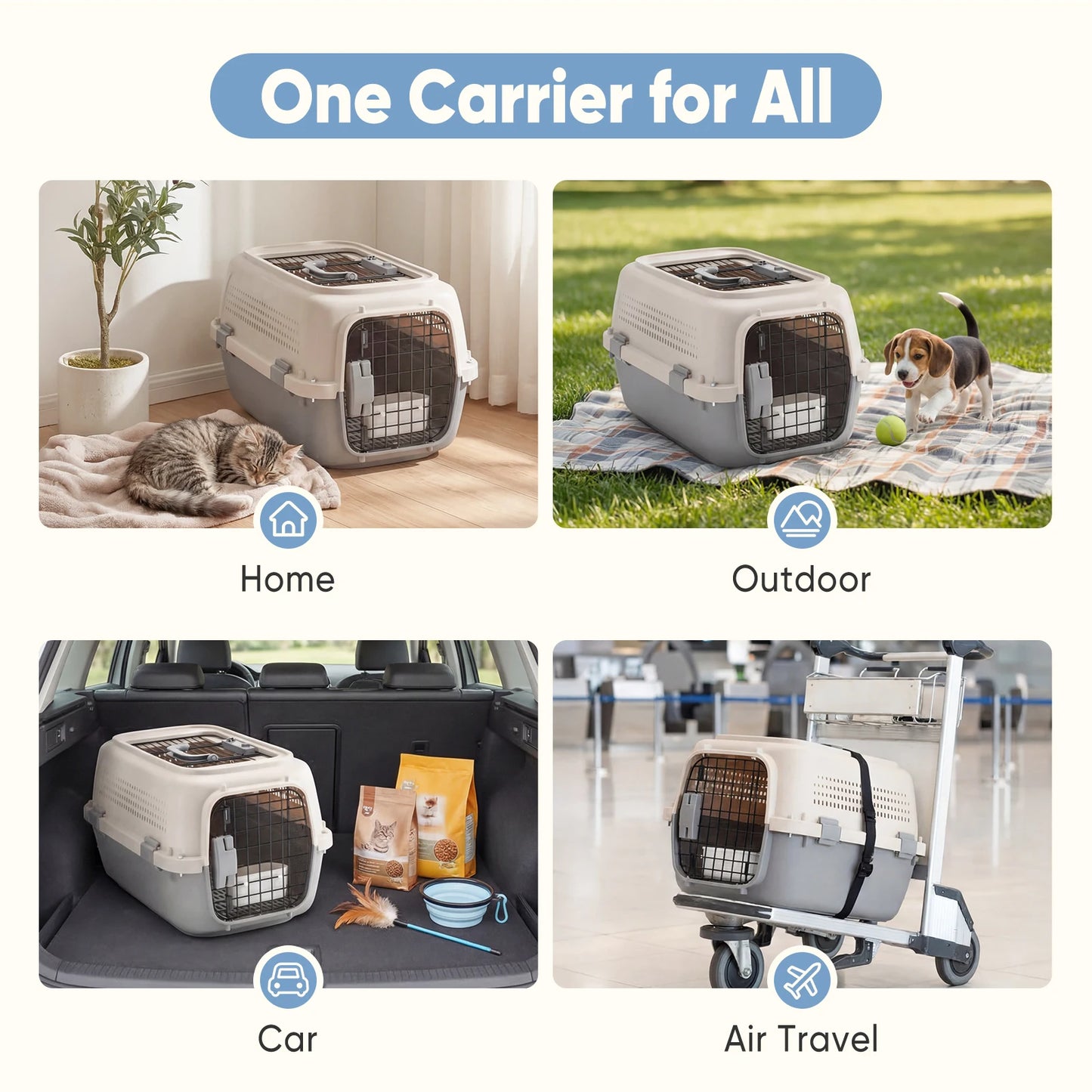 23 Inch Pet Carrier for Small Dogs, Cats, Front Top Load Wire Door Food Bowl Travel Crate with Enhanced Security Latches