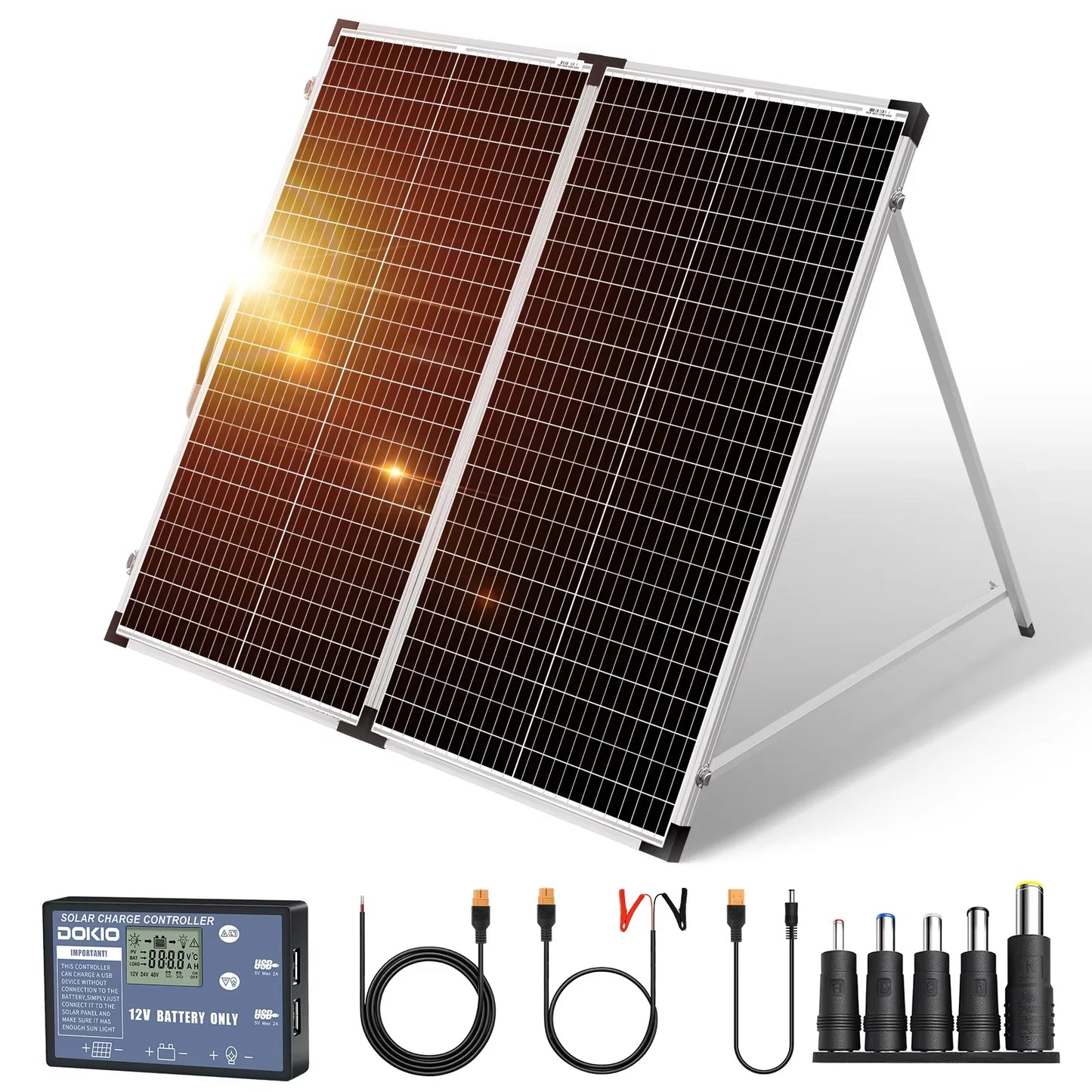 100W/160W/200W Foldable Glass Solar Panel Kit with 12V Controller, Cable Set, for RV/Home/Backup Power