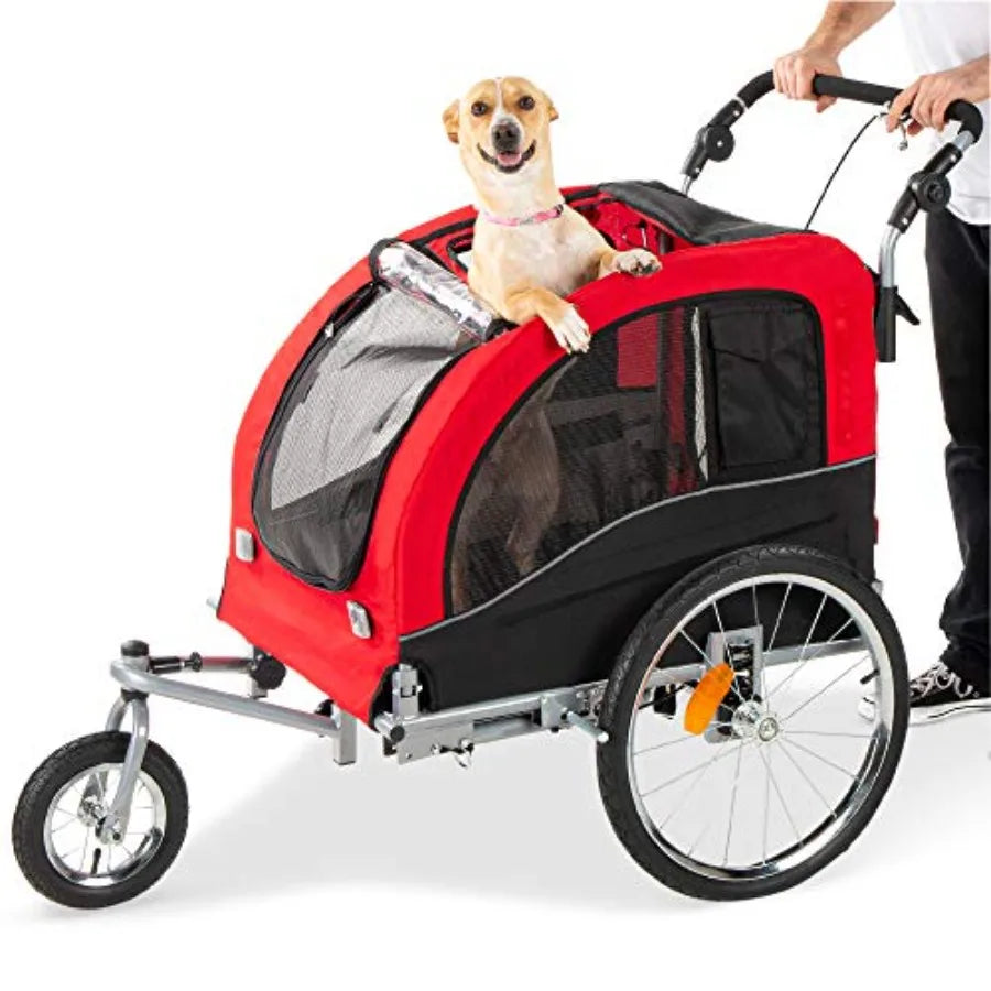 2-in-1 Dog Bike Trailer, Pet Stroller Bicycle Carrier w/Hitch, Suspension, Visibility Flag and Reflectors, 66lb Weight Capacity