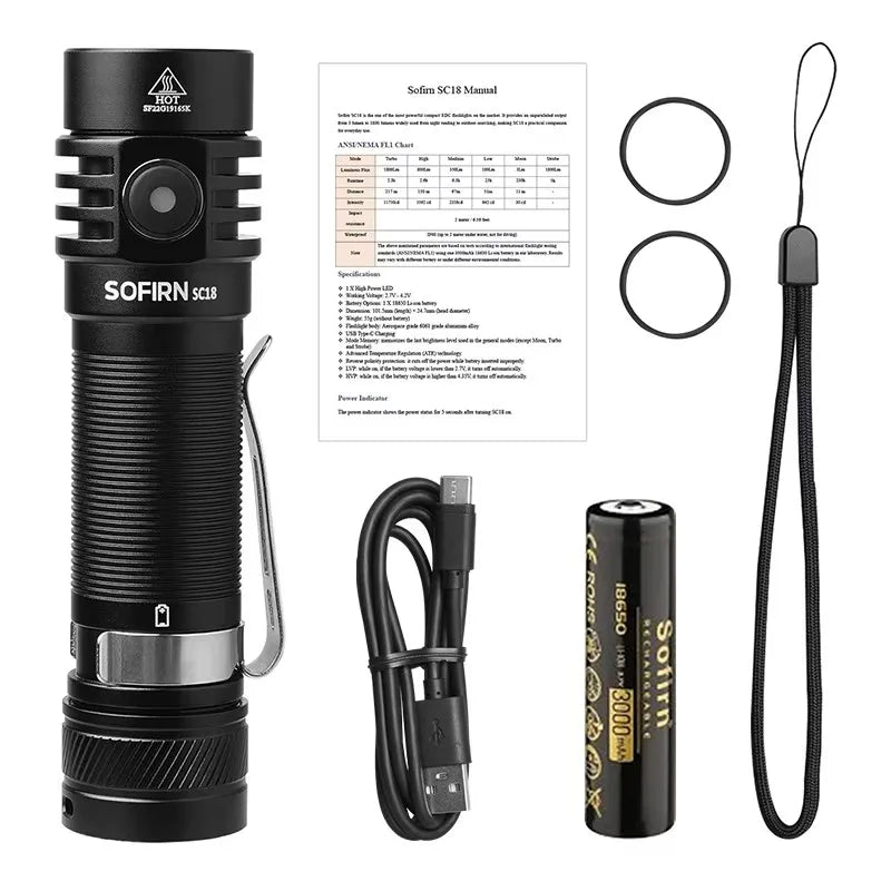 SC18 1800lm EDC Flashlight USB-C Rechargeable SST40 LED 18650 Torch TIR Optics Lens Lantern with Power Indicator