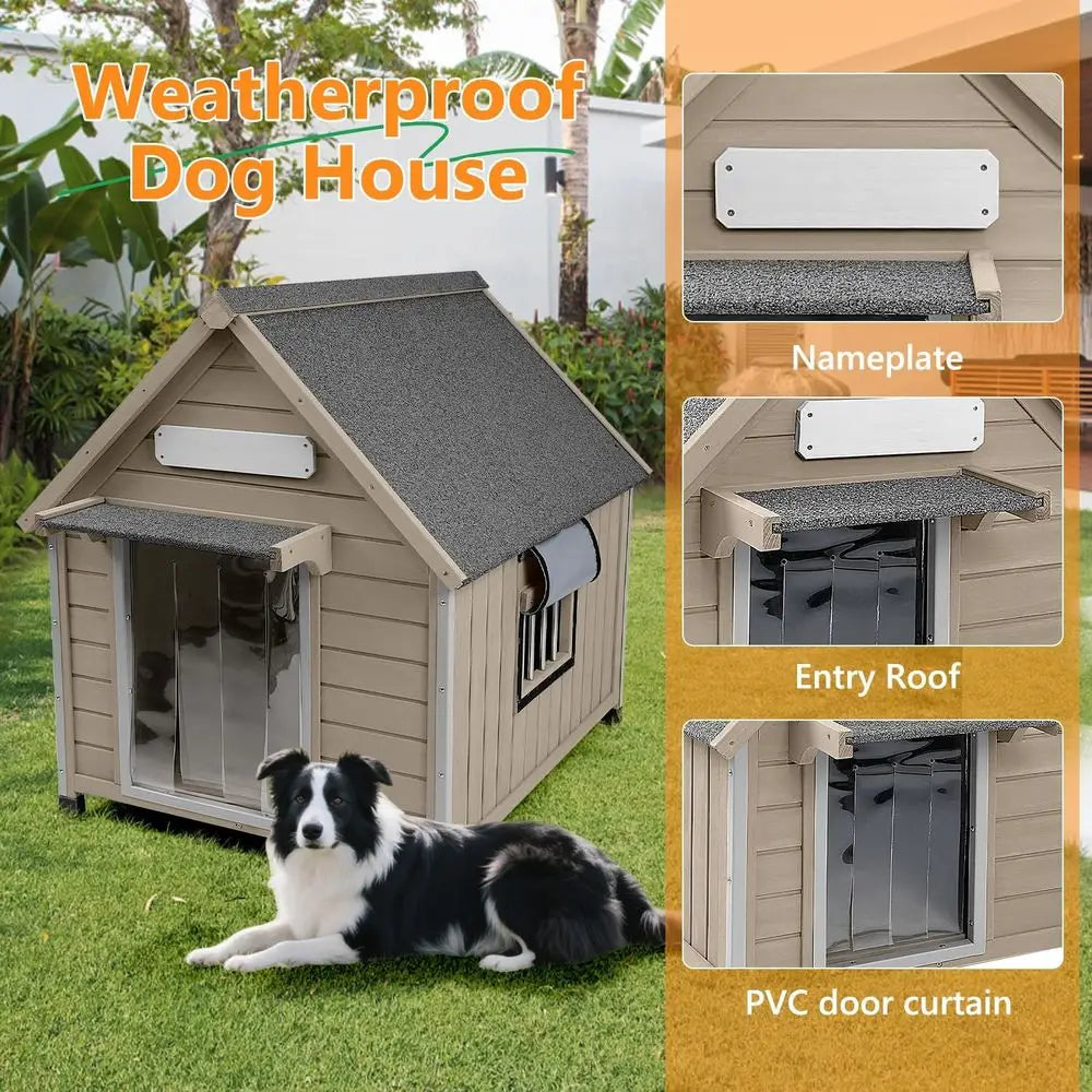 Large Dog House Indoor Outdoor with Window, Doghouse Kennel Shelter with Anti-Chewing Iron Frame for Medium to Small Dogs, Easy Assembly