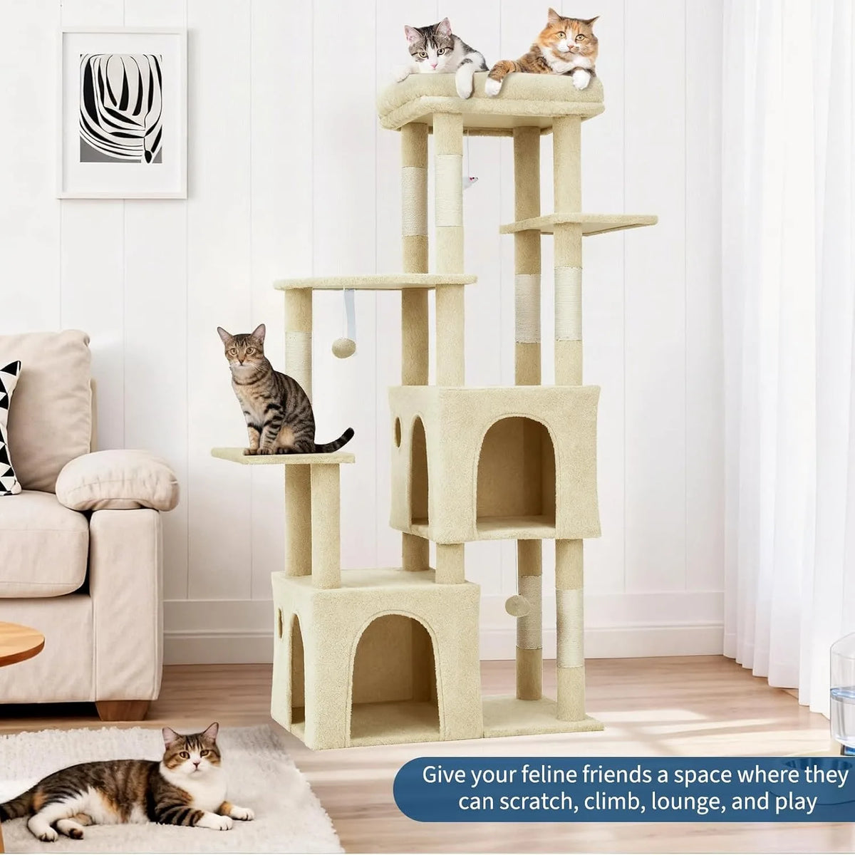 61-Inch Large Cat Tree Tower with 7 Scratching Posts, 2 Cat Condos, Top Perch Multi-Level Cat Climbing Tree Furniture with Hanging Toys Anti-Toppling Design for Indoor Cats Multi Cat Homes