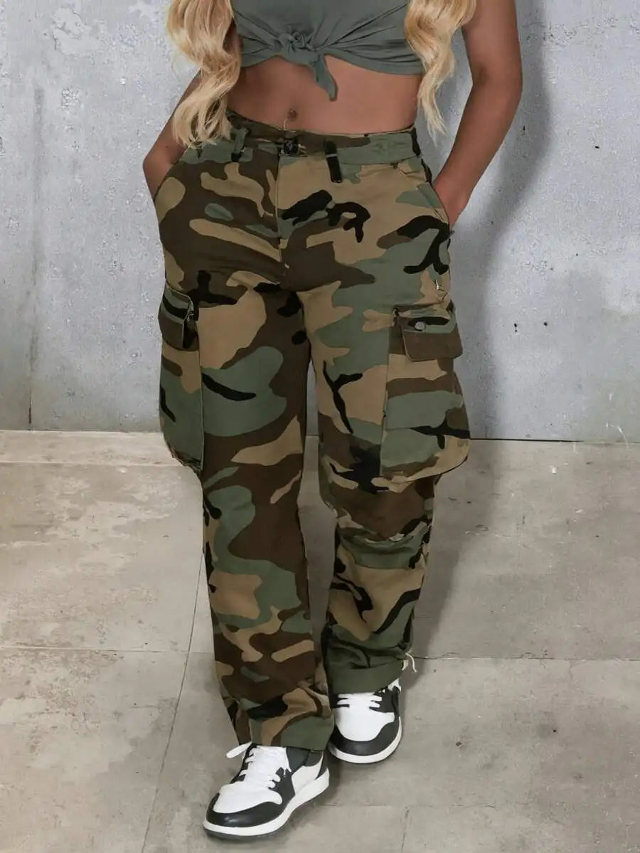 Womens High-Waist Camo Print Cargo Pants Stretchy Casual Jogger Pants With Pockets