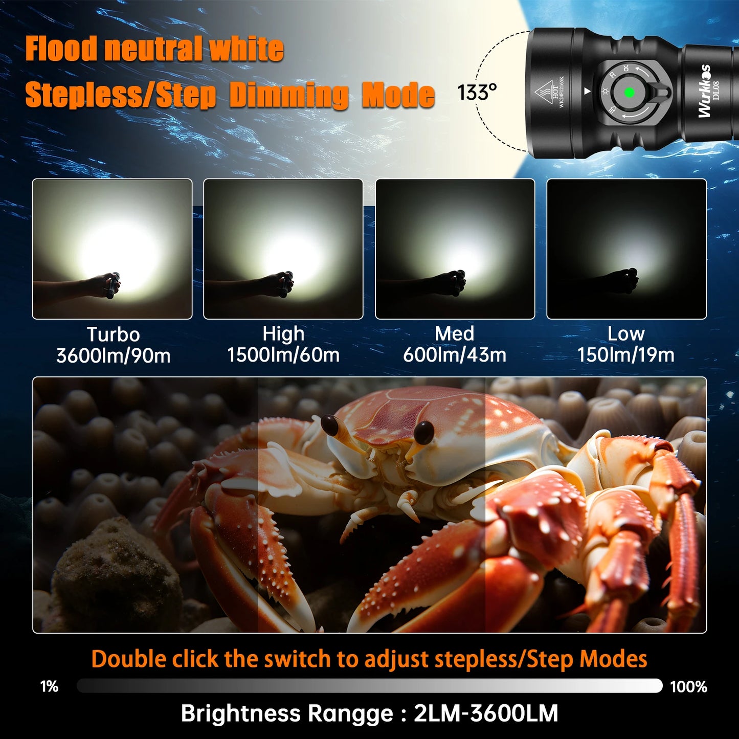 DL08 Powerful 3600lm Flashlight 21700 Rechargeable Diving Light with Rotary Magnetic Switch 6500K Underwater Torch IP68