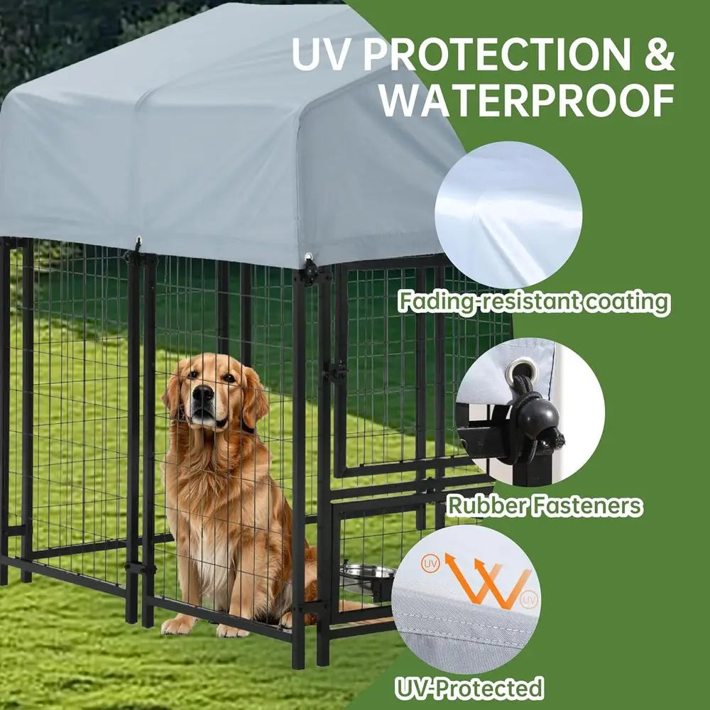 Outdoor Dog Enclosure Heavy Duty Dog Kennel House Mesh Dog Big Cage Pet Kennel Steel Fence with Secure Lock and UV-Resistant Water Bowls
